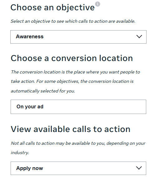 a screenshot of options available when setting up a facebook ad